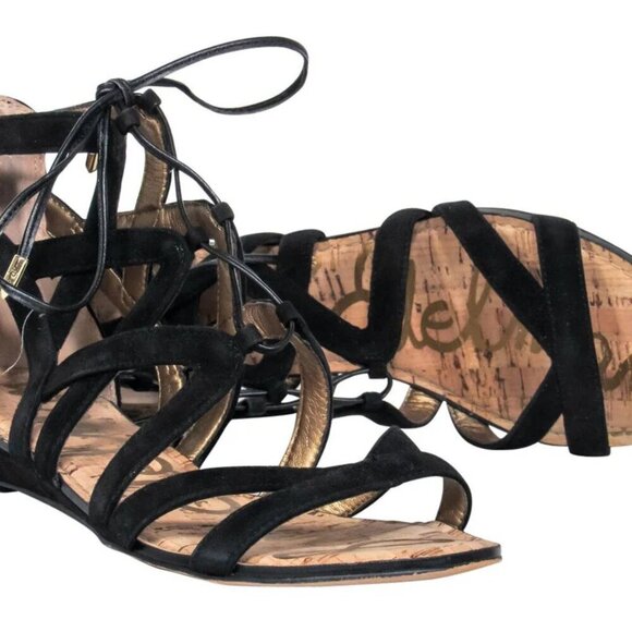 SAM EDELMAN - Black Suede Lace-Up Gladiator Flat Sandal SIZE 6 - Picture 1 of 5